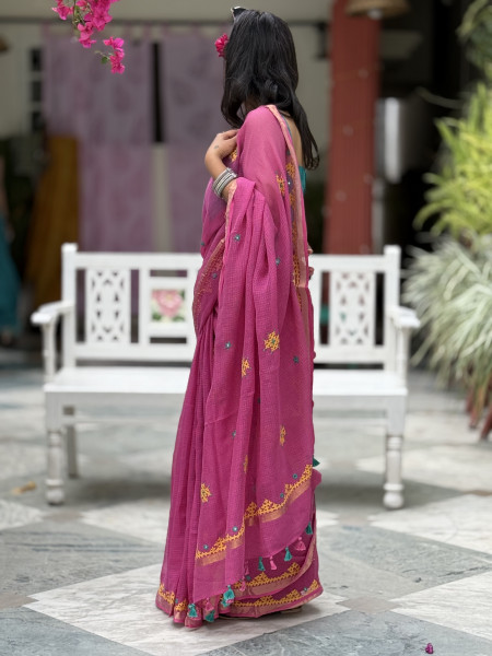 PINK KOTA COTTON HAND EMBROIDERED SARI