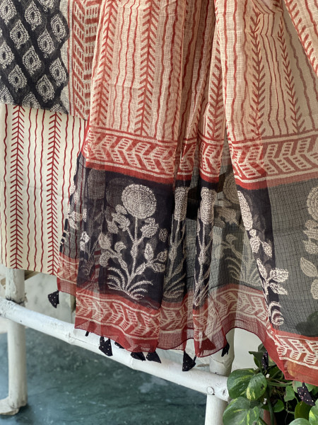 BLACK-BEIGE HAND BLOCK "BAGH" PRINT KOTA DUPATTA SET