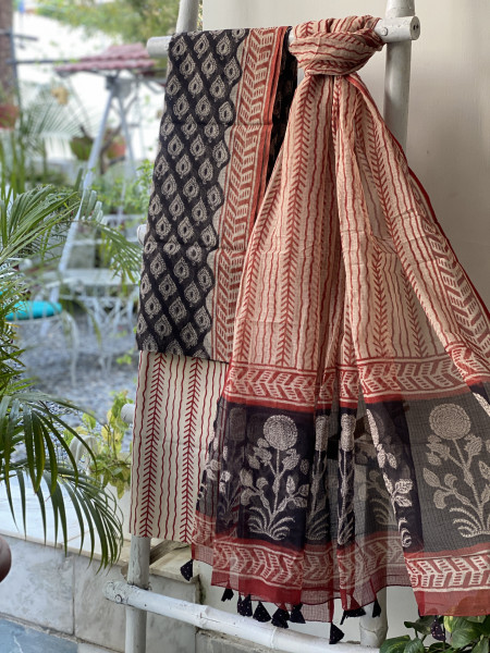 BLACK-BEIGE HAND BLOCK "BAGH" PRINT KOTA DUPATTA SET