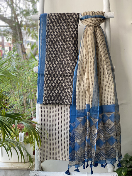 BLACK-BEIGE HAND BLOCK "BAGH" PRINT KOTA DUPATTA SET