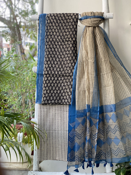 BLACK-BEIGE HAND BLOCK "BAGH" PRINT KOTA DUPATTA SET