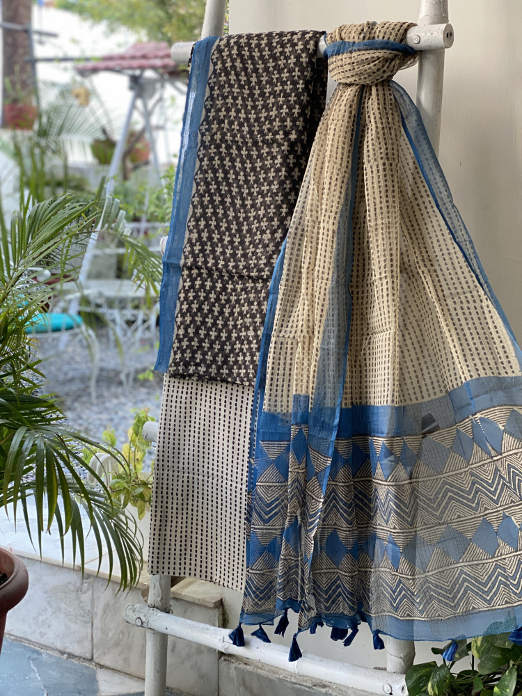 Image of BLACK-BEIGE HAND BLOCK "BAGH" PRINT KOTA DUPATTA SET