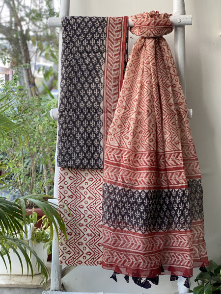 BLACK-BEIGE HAND BLOCK "BAGH" PRINT KOTA DUPATTA SET