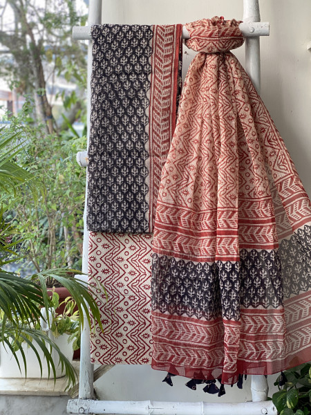 BLACK-BEIGE HAND BLOCK "BAGH" PRINT KOTA DUPATTA SET