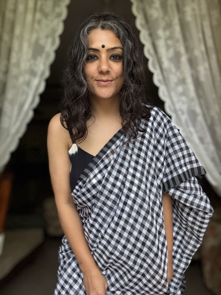 BLACK GINGHAM CHECKS  MULMUL COTTON SARI