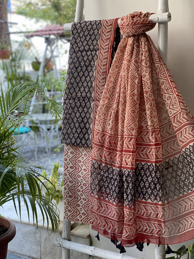 Image of BLACK-BEIGE HAND BLOCK "BAGH" PRINT KOTA DUPATTA SET