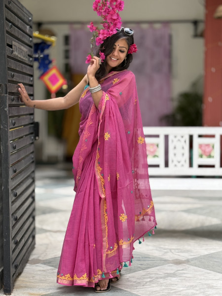 PINK KOTA COTTON HAND EMBROIDERED SARI
