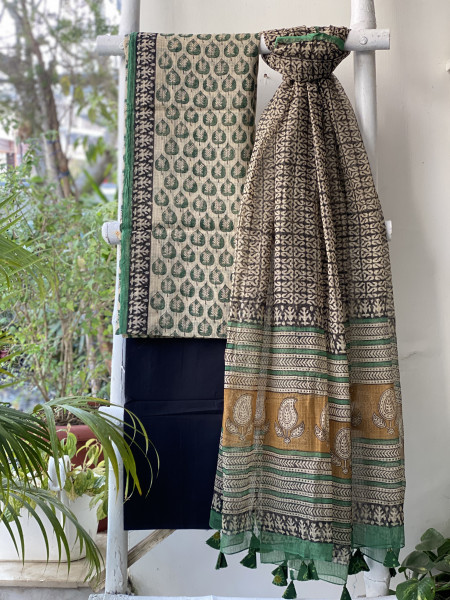 BEIGE-BLACK HAND BLOCK "BAGH" PRINT KOTA DUPATTA SET