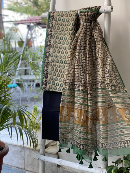BEIGE-BLACK HAND BLOCK "BAGH" PRINT KOTA DUPATTA SET