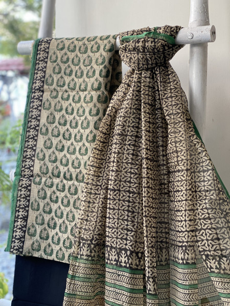 BEIGE-BLACK HAND BLOCK "BAGH" PRINT KOTA DUPATTA SET