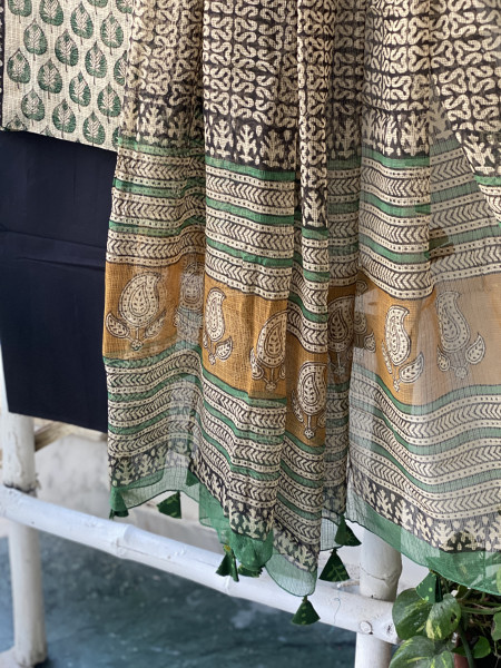 BEIGE-BLACK HAND BLOCK "BAGH" PRINT KOTA DUPATTA SET