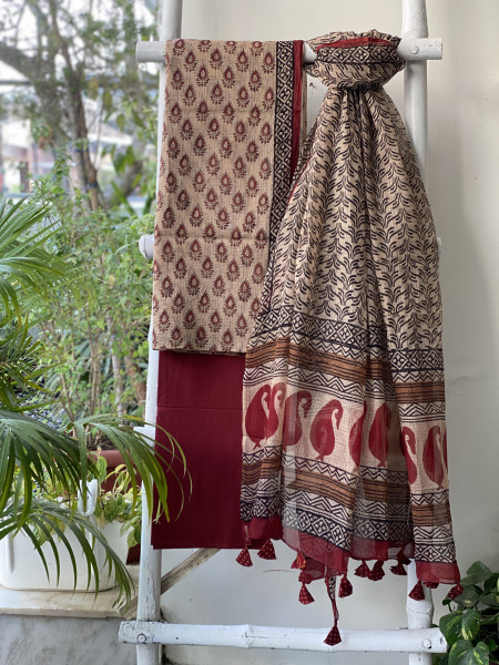 BEIGE-MAROON HAND BLOCK "BAGH" PRINT KOTA DUPATTA SET