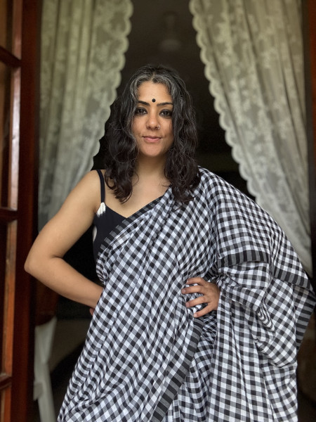 BLACK GINGHAM CHECKS  MULMUL COTTON SARI