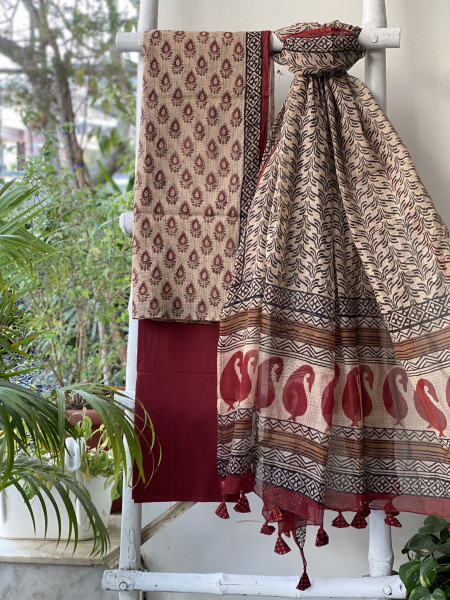 BEIGE-MAROON HAND BLOCK "BAGH" PRINT KOTA DUPATTA SET