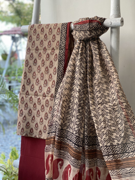 BEIGE-MAROON HAND BLOCK "BAGH" PRINT KOTA DUPATTA SET