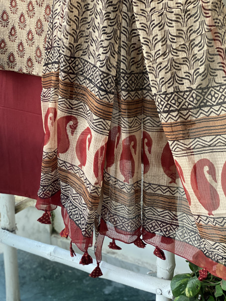 BEIGE-MAROON HAND BLOCK "BAGH" PRINT KOTA DUPATTA SET