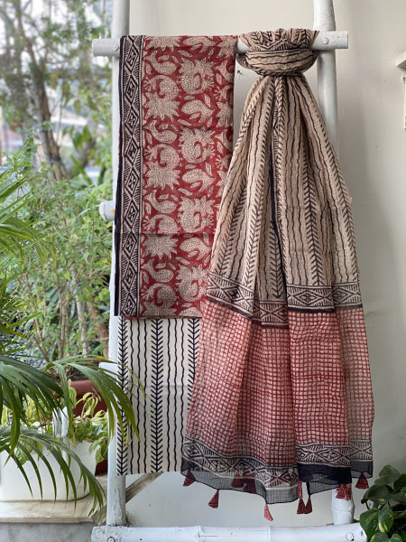 MAROON-BEIGE HAND BLOCK "BAGH" PRINT KOTA DUPATTA SET