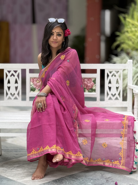 PINK KOTA COTTON HAND EMBROIDERED SARI