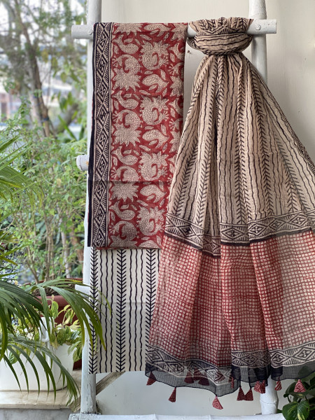 MAROON-BEIGE HAND BLOCK "BAGH" PRINT KOTA DUPATTA SET