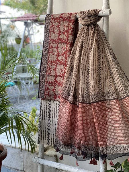 MAROON-BEIGE HAND BLOCK "BAGH" PRINT KOTA DUPATTA SET