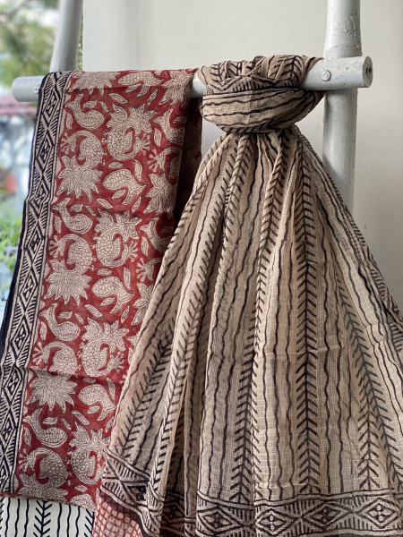 MAROON-BEIGE HAND BLOCK "BAGH" PRINT KOTA DUPATTA SET