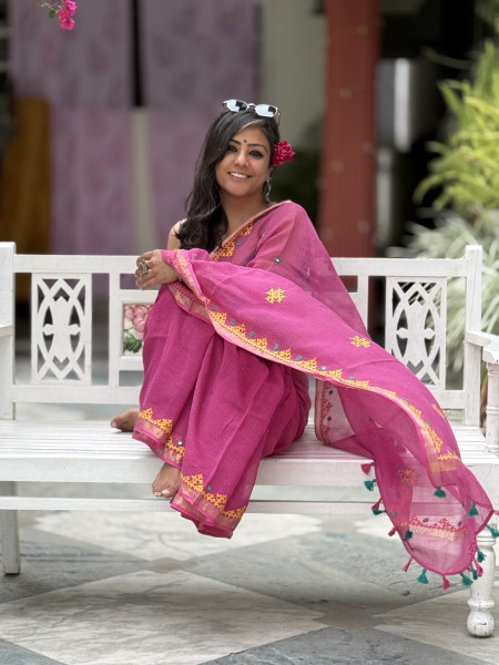 PINK KOTA COTTON HAND EMBROIDERED SARI