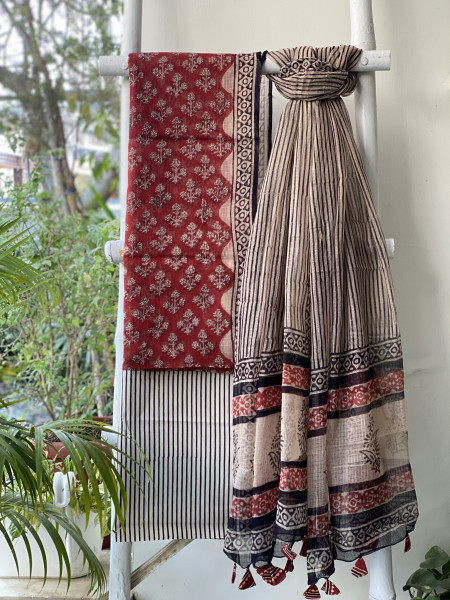 MAROON-BEIGE HAND BLOCK "BAGH" PRINT KOTA DUPATTA SET