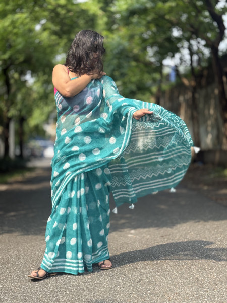 AQUA HAND BLOCK PRINT COTTON KOTA SARI