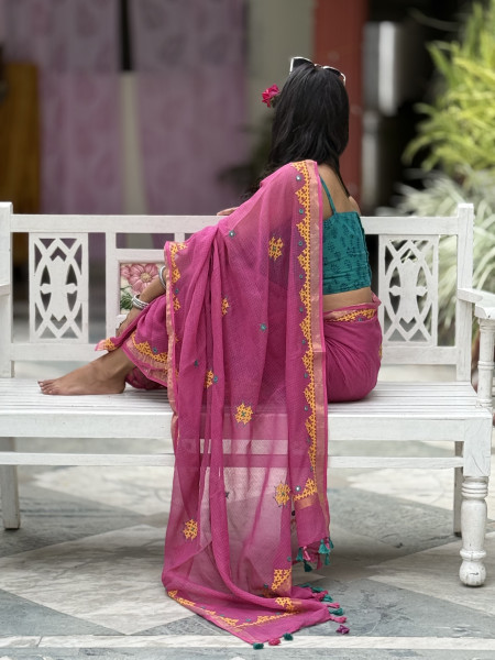 PINK KOTA COTTON HAND EMBROIDERED SARI
