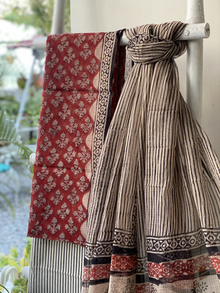 MAROON-BEIGE HAND BLOCK "BAGH" PRINT KOTA DUPATTA SET