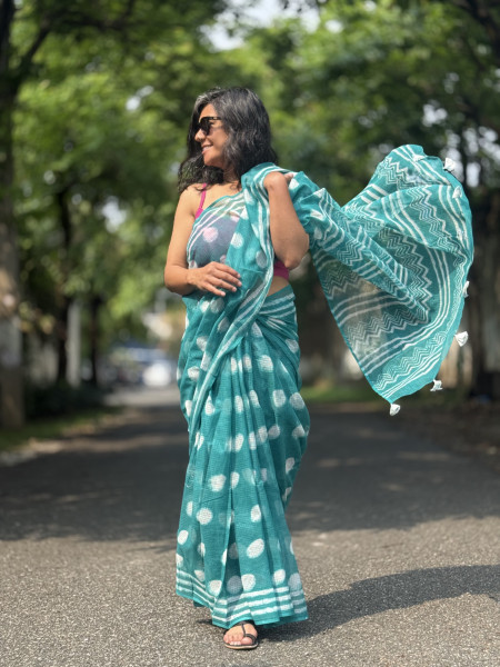 AQUA HAND BLOCK PRINT COTTON KOTA SARI