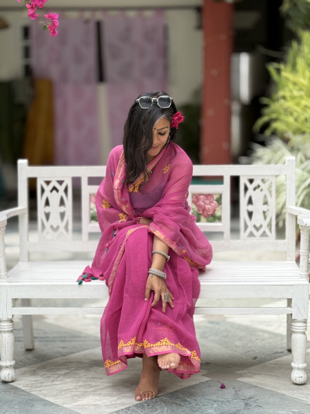 PINK KOTA COTTON HAND EMBROIDERED SARI