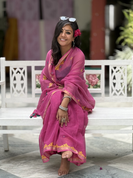 PINK KOTA COTTON HAND EMBROIDERED SARI