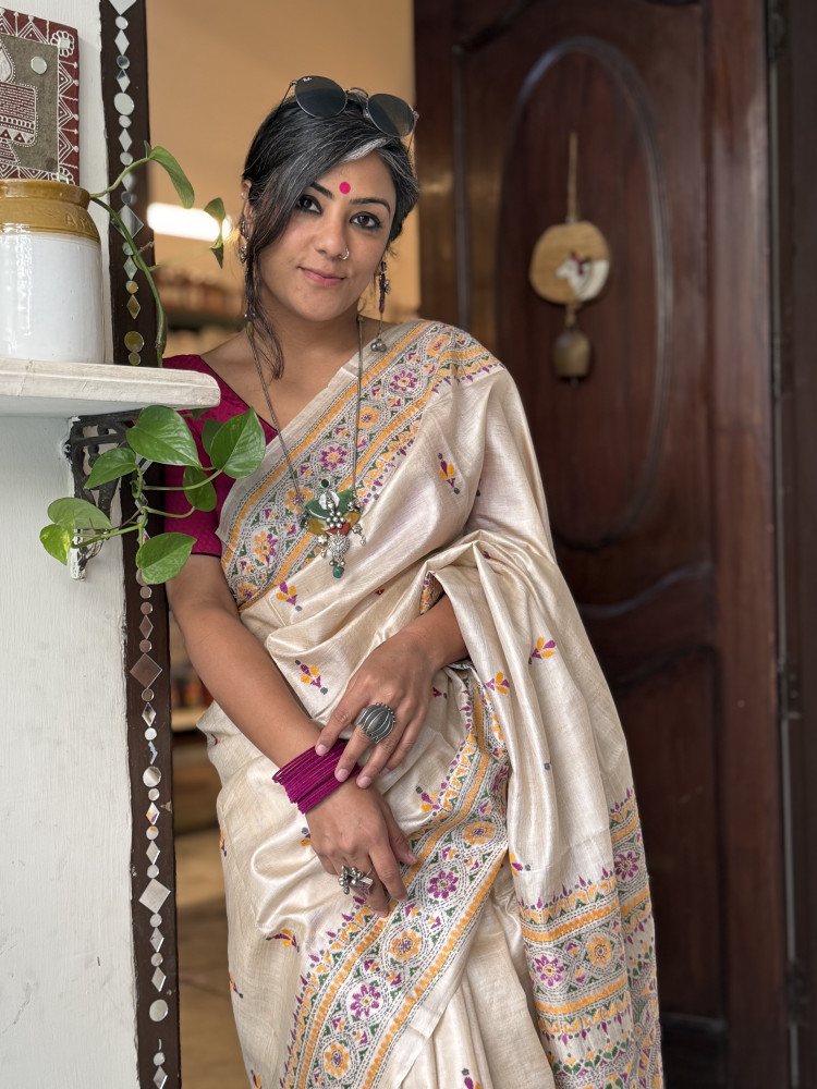 Image of BEIGE KANTHA HAND EMBROIDERED TUSSAR  SILK SARI
