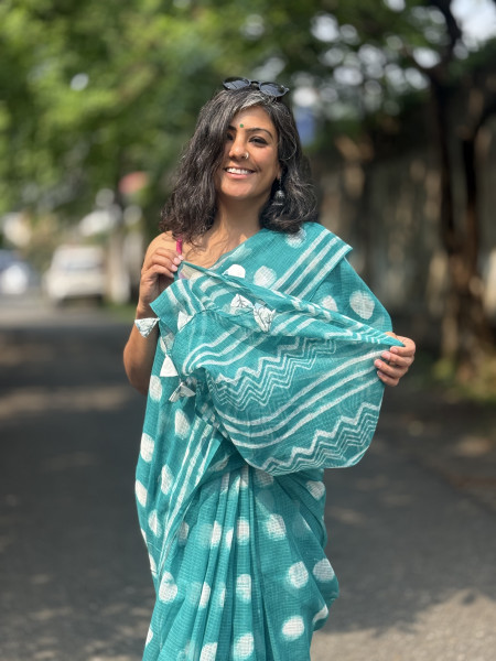 AQUA HAND BLOCK PRINT COTTON KOTA SARI