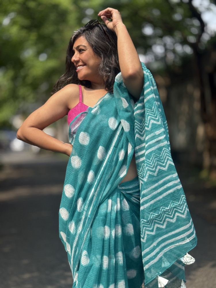 Image of AQUA HAND BLOCK PRINT COTTON KOTA SARI