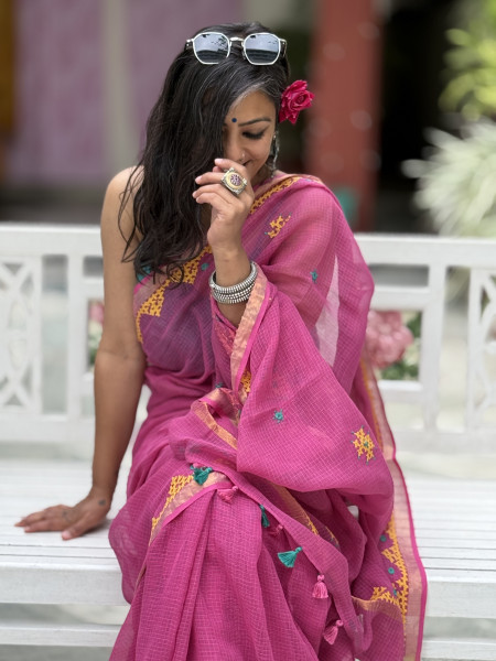 PINK KOTA COTTON HAND EMBROIDERED SARI