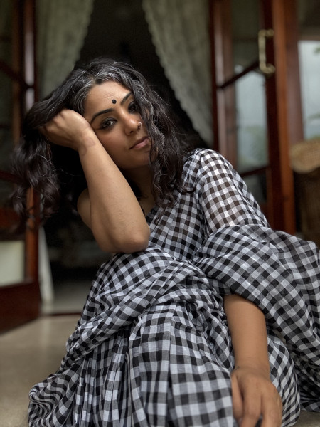 BLACK GINGHAM CHECKS  MULMUL COTTON SARI