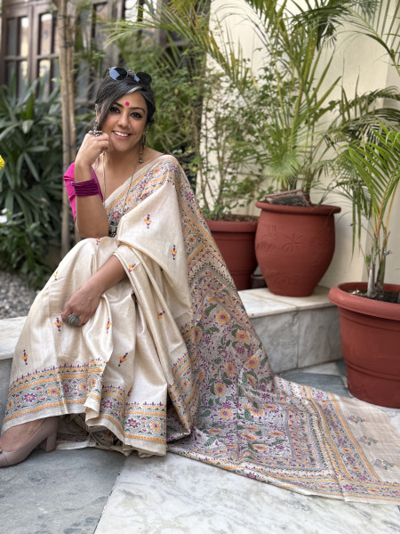 BEIGE KANTHA HAND EMBROIDERED TUSSAR  SILK SARI
