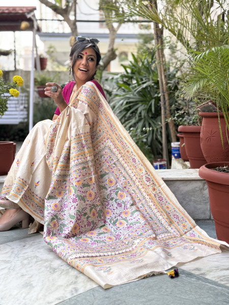 BEIGE KANTHA HAND EMBROIDERED TUSSAR  SILK SARI
