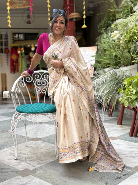 BEIGE KANTHA HAND EMBROIDERED TUSSAR  SILK SARI