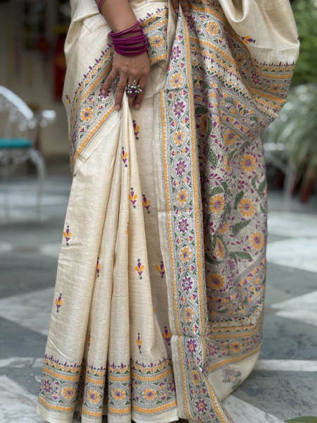 BEIGE KANTHA HAND EMBROIDERED TUSSAR  SILK SARI