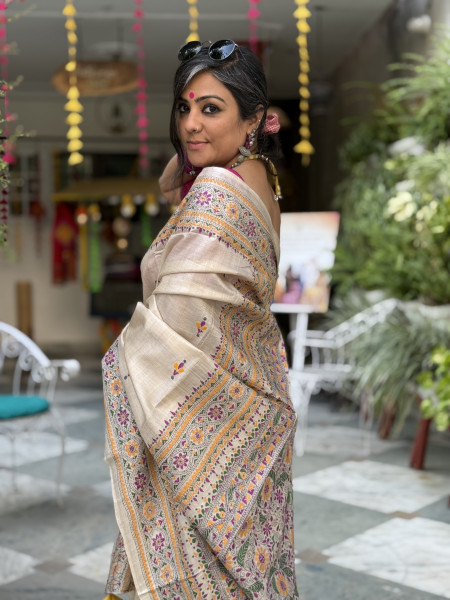 BEIGE KANTHA HAND EMBROIDERED TUSSAR  SILK SARI