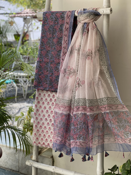 GREYISH-BLUE HAND BLOCK PRINT KOTA DUPATTA SET
