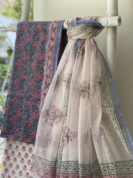 GREYISH-BLUE HAND BLOCK PRINT KOTA DUPATTA SET