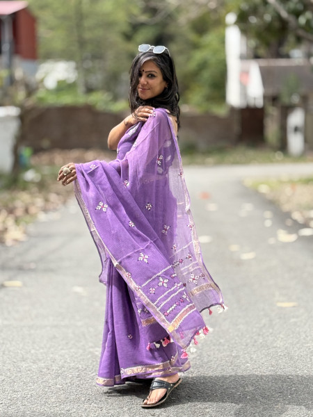PURPLE  KOTA COTTON HAND EMBROIDERED SARI