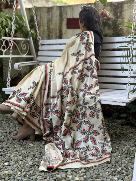 BEIGE KANTHA HAND EMBROIDERED TUSSAR  SILK SARI
