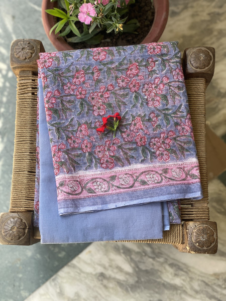 GREYISH-BLUE HAND BLOCK PRINT KOTA DUPATTA SET