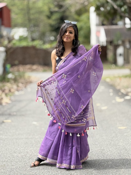 PURPLE  KOTA COTTON HAND EMBROIDERED SARI