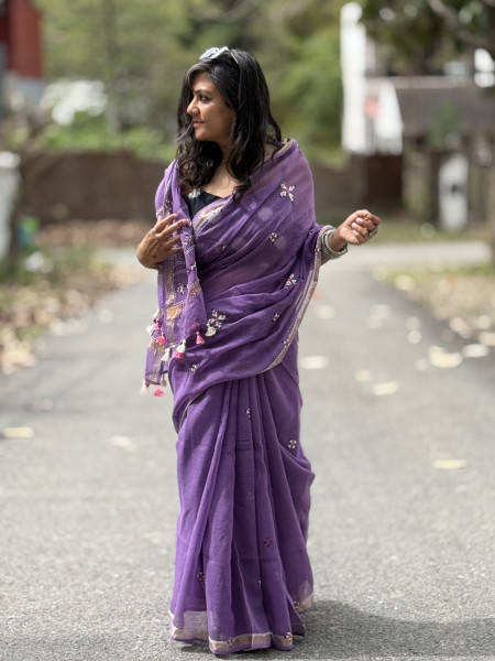 PURPLE  KOTA COTTON HAND EMBROIDERED SARI